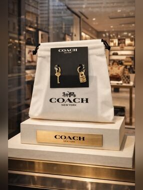 Coach Gold Tone Key & Padlock Charm Earrings & Dustbag